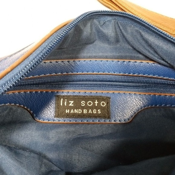 Liz Soto Vegan Leather Purse Navy Blue with Brown Removeable Strap, 12 x 12 Inch - Picture 3 of 7